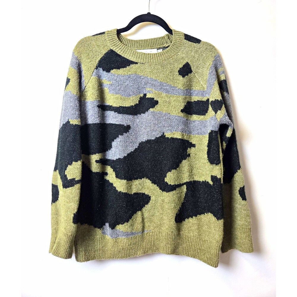Mustard Seed Womens Camo Knit Crewneck Pullover Sweater Long Sleeve Rib Trim S